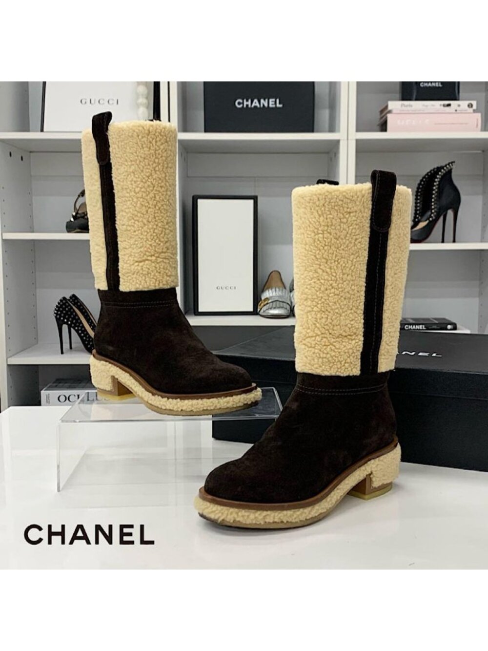 Chanel Shearling Suede CC Logo Long Boots Brown Beige